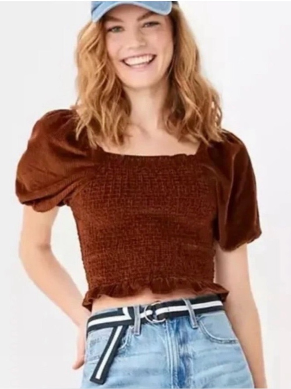 AE velour ruched puff sleeve top small